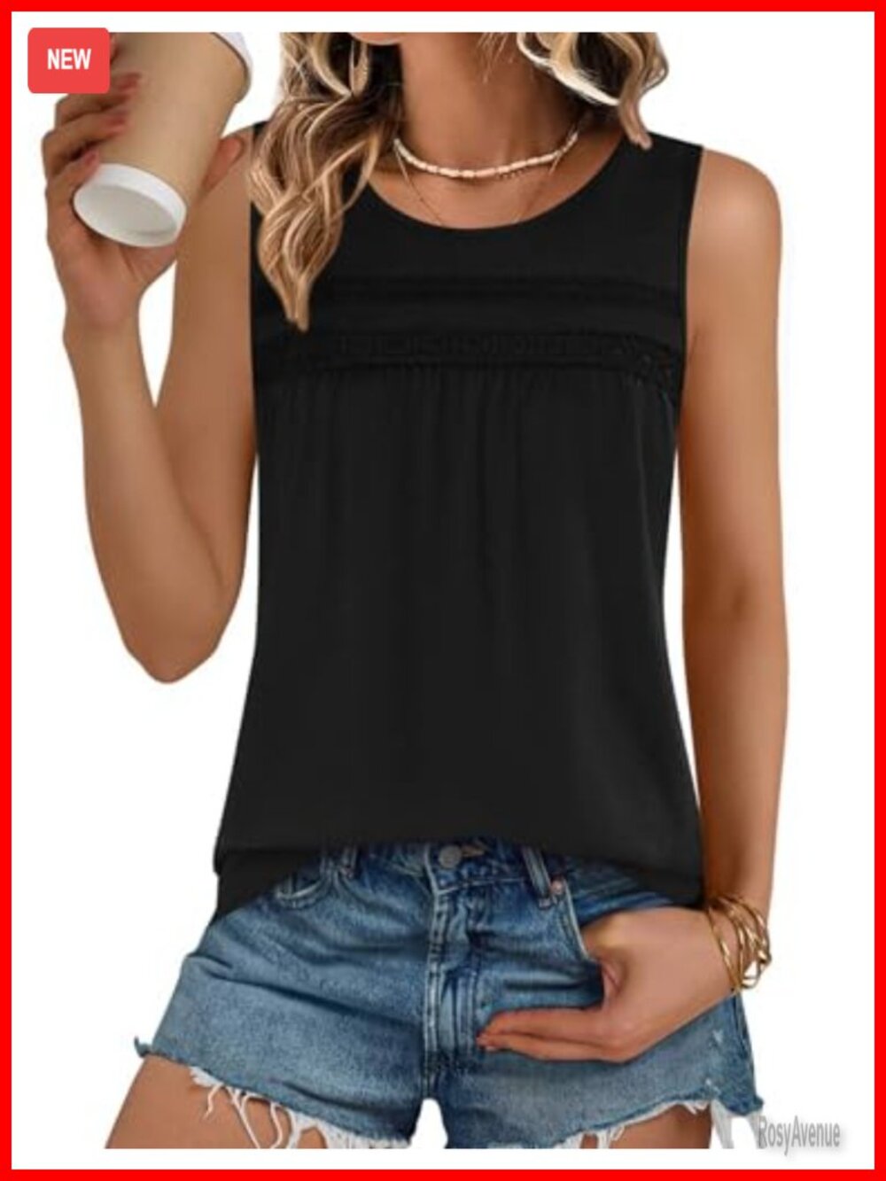 Women's Pleated Scoop Neck Lace Crochet Sleeveless Tank Top Casual Loose Fit